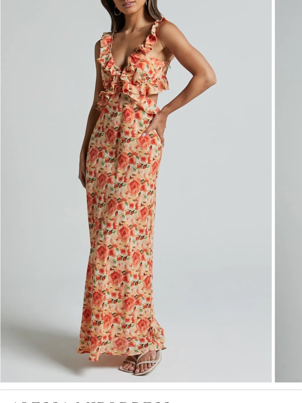 Showpo Floral Ruffle Midi Dress in Peach and Green